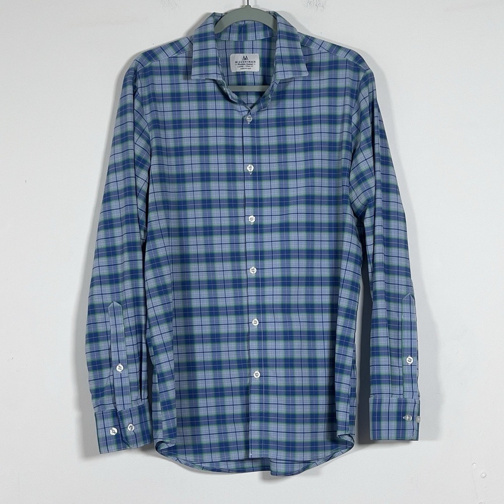 Mizzen Main Trim Fit Shirt Mens‎ Sz L Blue Plaid Long Sleeve